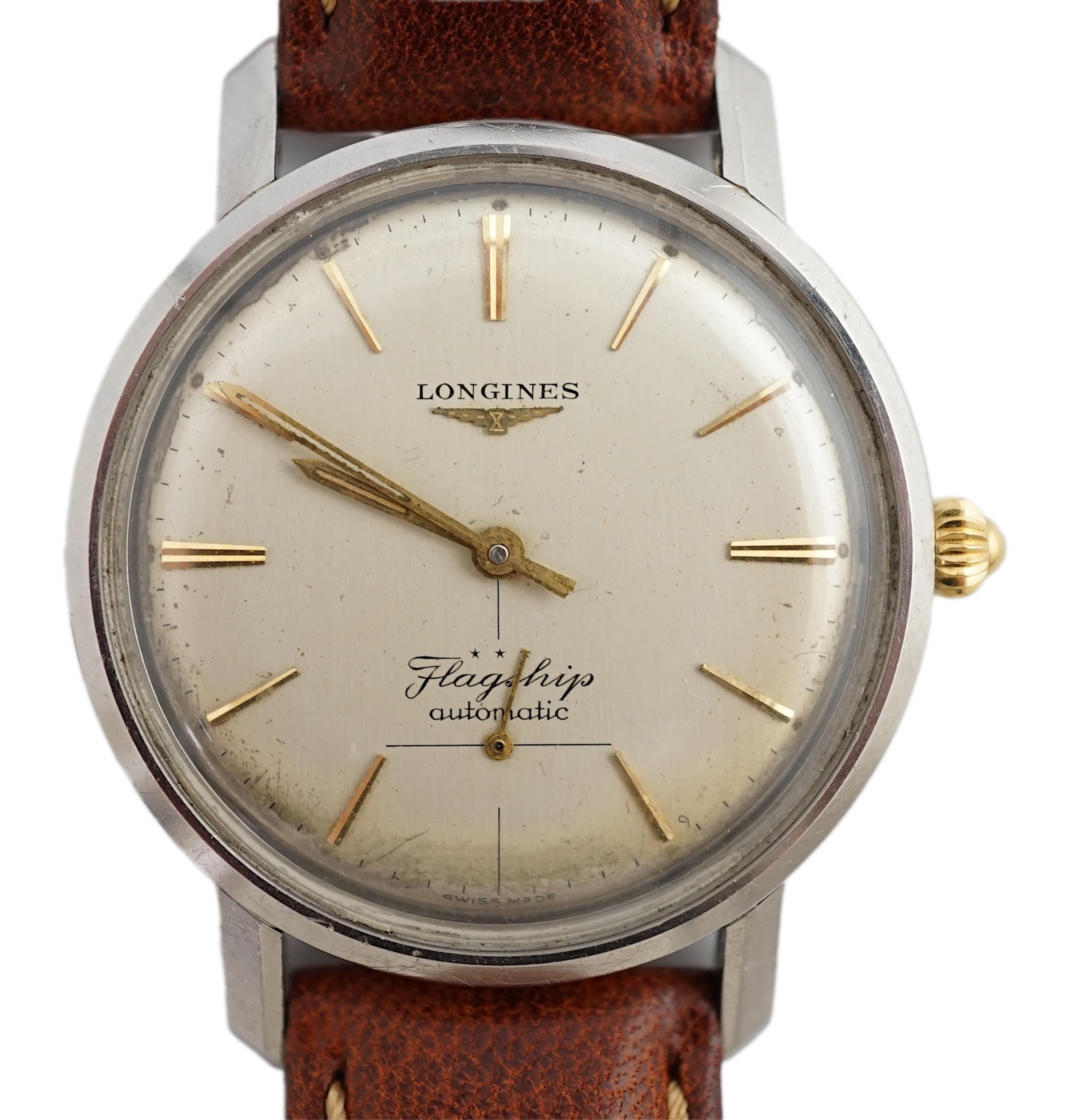 A gentleman's stainless steel Longines Flagship automatic wrist watch, on a later associated leather strap